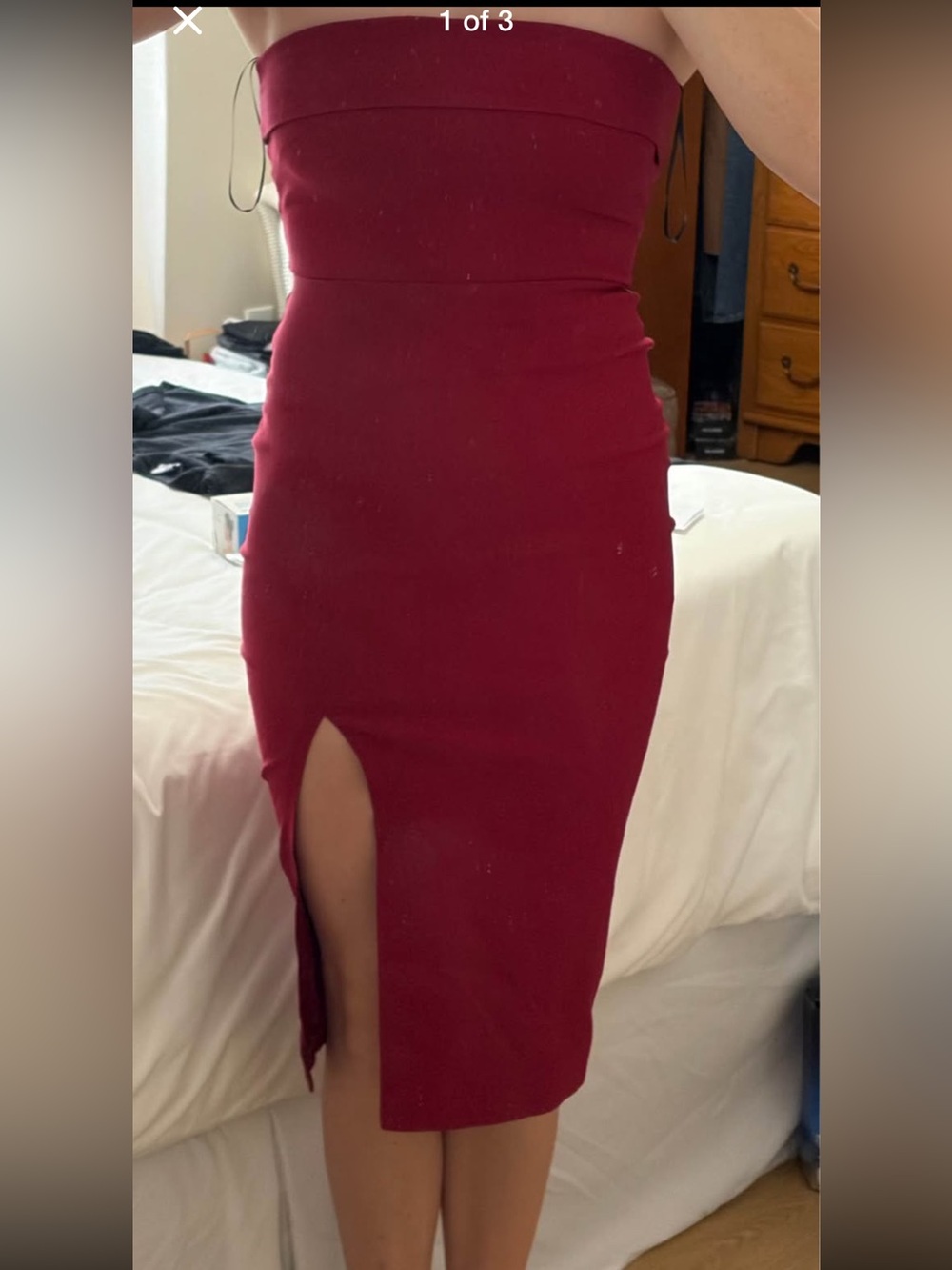 Fitted Burgundy Midi Dress with Front Slit